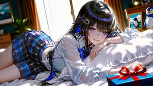 慵懒卧床蓝发JK美少女