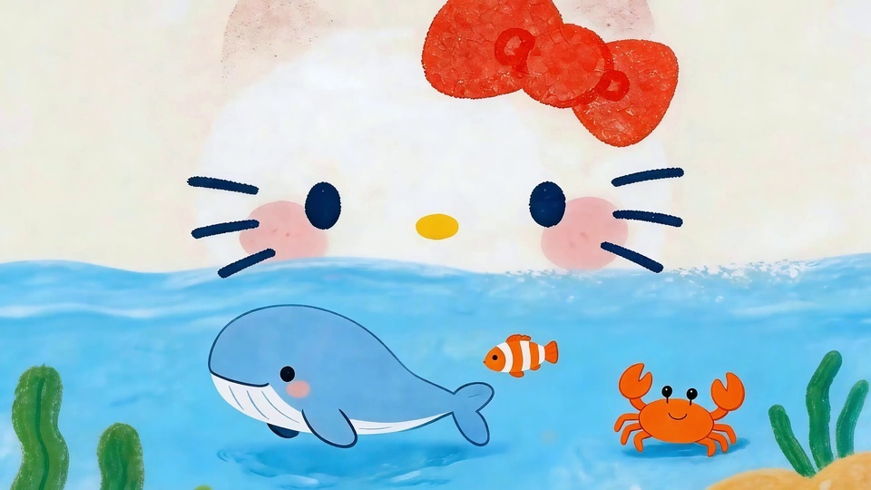 水彩手绘卡通海底场景，Hello Kitty 下半张脸隐在浅蓝色海面后，海面下有蓝鲸鱼、橙白小丑鱼、橙色螃蟹、绿色海草与浅米色沙质底部。