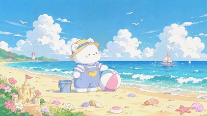 治愈海边可爱小白熊