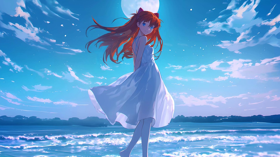橙红色长双马尾蓝眼少女穿白色吊带长裙，赤脚站在海边浅滩水中，背景是带粉紫色浪尖的海面、飘着碎白云的淡蓝色天空，天空悬着一轮圆月。