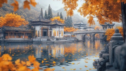 秋日金色徽派建筑水乡