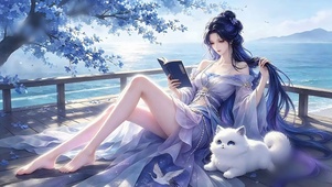 湖边读书的古风少女