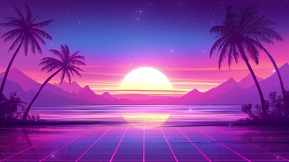 复古 霓虹灯棕榈日落桌面壁纸