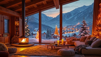 雪天山下小镇温暖木屋