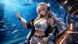 水族馆旁的二次元银发美少女