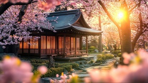 日出樱花古风建筑