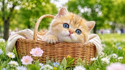 春日花篮里的小橘猫