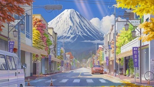 4K富士山下的小镇街道