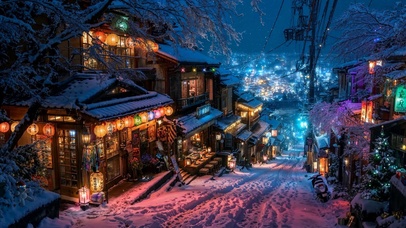 唯美冬雪小镇夜景