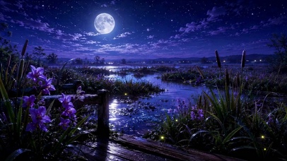 静谧月夜河畔紫花夜景