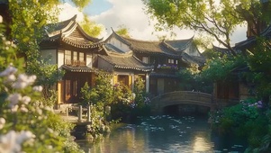 傍晚黄昏古风建筑池塘