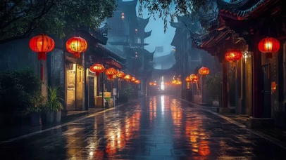 静谧雨夜傍晚古城街道