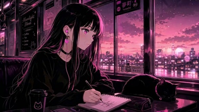 粉紫赛博风电车夜景动漫少女