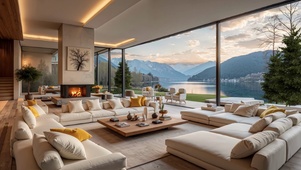 傍晚湖景山景客厅