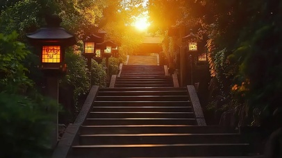 黄昏落日唯美登山阶梯