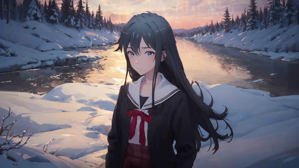 黑发蓝眼少女站在冬日雪原河畔，背景是延伸的河流与覆雪针叶林