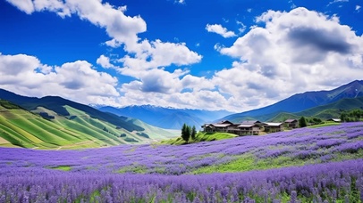 唯美紫色花海小屋