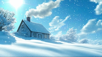 冬日蓝天雪山温馨木屋