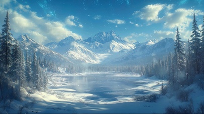 蓝天阳光雪原松林