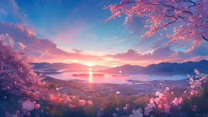 俯瞰樱花岛屿湖泊