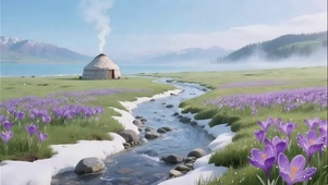 清新鲜花草原溪流