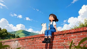 红砖墙上看风景的女孩