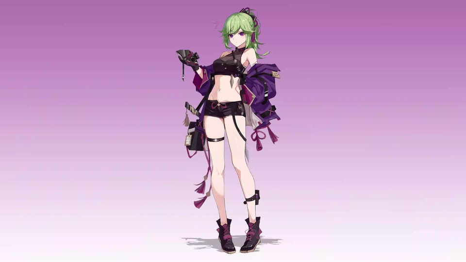 紫渐变背景中站立的绿发二次元少女，着黑紫配色潮流短打服饰。