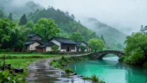 雨天的小镇石桥