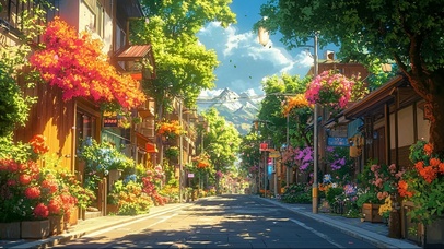 春日鲜花绿叶盛开街道