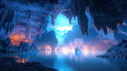 晨雾湖泊神秘洞穴