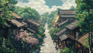 绿色炎热宁静古镇建筑