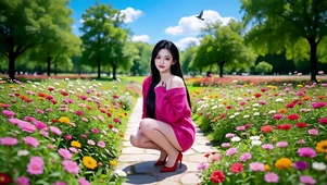 蹲在鲜花小道里比心的性感美女1