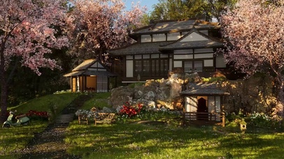 春天的樱花庭院