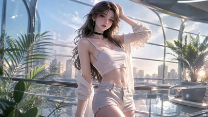 落地窗旁清纯美女