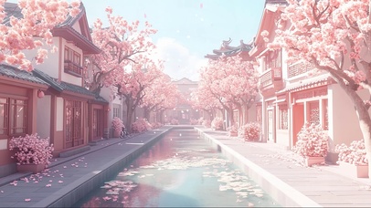 粉樱古风静谧小镇建筑