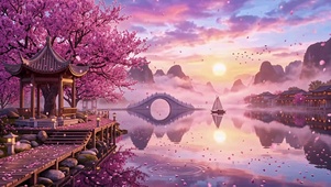 粉霞桃亭平湖