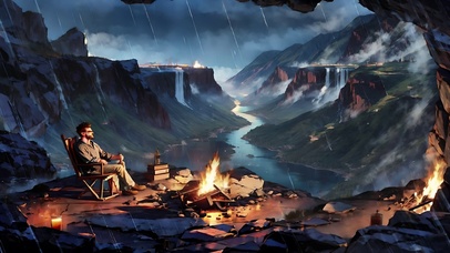 雨天治愈温暖篝火山谷星河