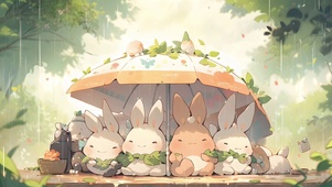林中伞下躲雨的小兔兔