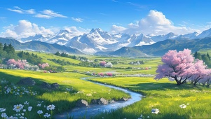 清新绿色草原溪流