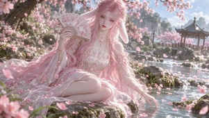 樱花溪畔粉发古风兔耳美人