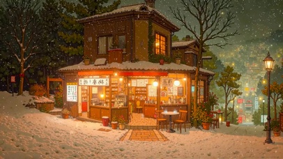 夜晚冬雪街边小店