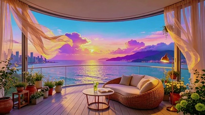 超治愈暮色霞光大海窗景