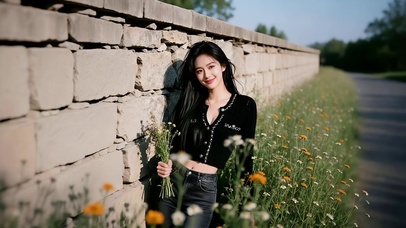郊外绿野石墙旁边采花的美女