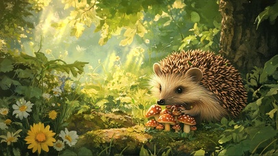 静谧绿色森林蘑菇刺猬