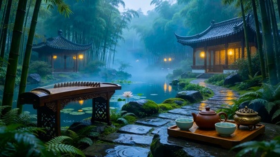 庭院竹林雨景