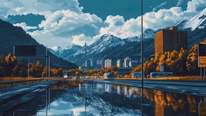 清冷蓝调雨后城市街道