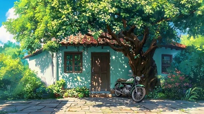 大树下绿荫小屋