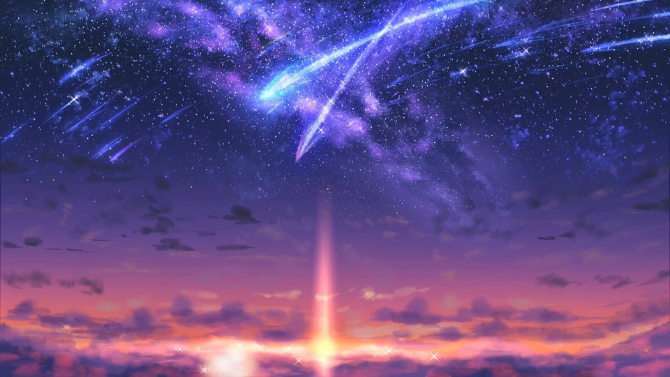 蓝紫色夜空布满星点、星芒亮斑与流星，天际铺着粉橙渐变的晚霞云团，底部透出竖直的暖黄色光柱。