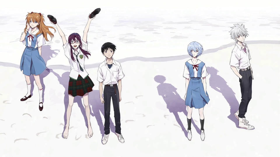 五名身着校服的少年少女站在留有浅脚印的纯白平地上，地面落有浅紫色长阴影，背景为淡紫色晴空。