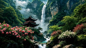 幽谷繁花瀑布 护眼风景